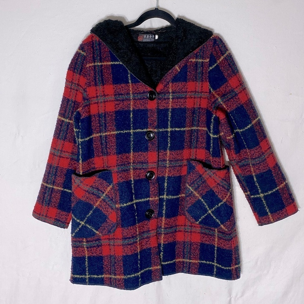 Cadyuan Jindi Red Plaid Sherpa Lined Shacket Jacket S